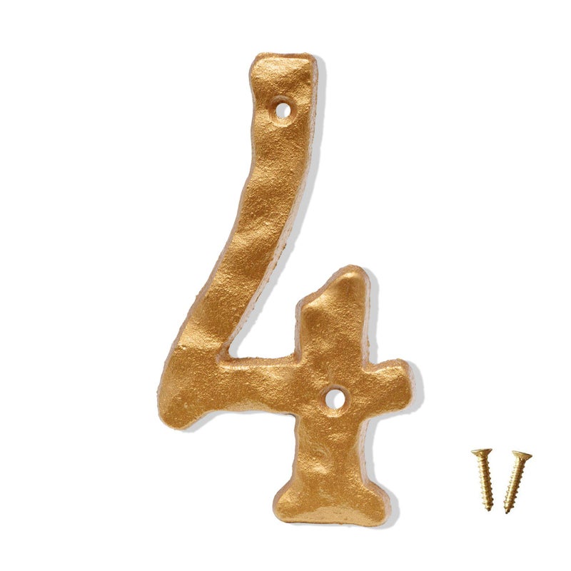 DOMG 5.5 Inch House Numbers, Heavy Duty Rustic Cast Iron Metal Home Address Number with Unique Hammered Appearance, Golden, Number 4 - Image 1